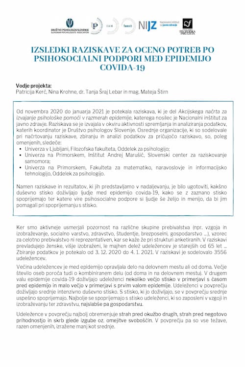 Naslovnica poročila Izsledki raziskave za oceno potreb po psihosocialni podpori med epidemijo covida-19