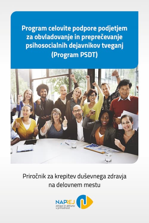 Naslovnica priročnika Krepitev duševnega zdravja na delovnem mestu (Program PSDT)